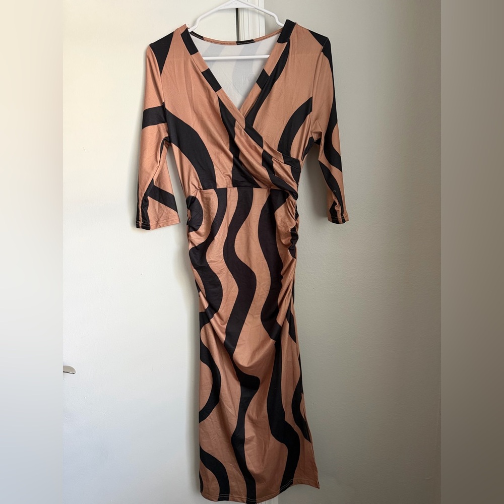 Black & Tan Wave-Print Wrap Maxi Dress - Women